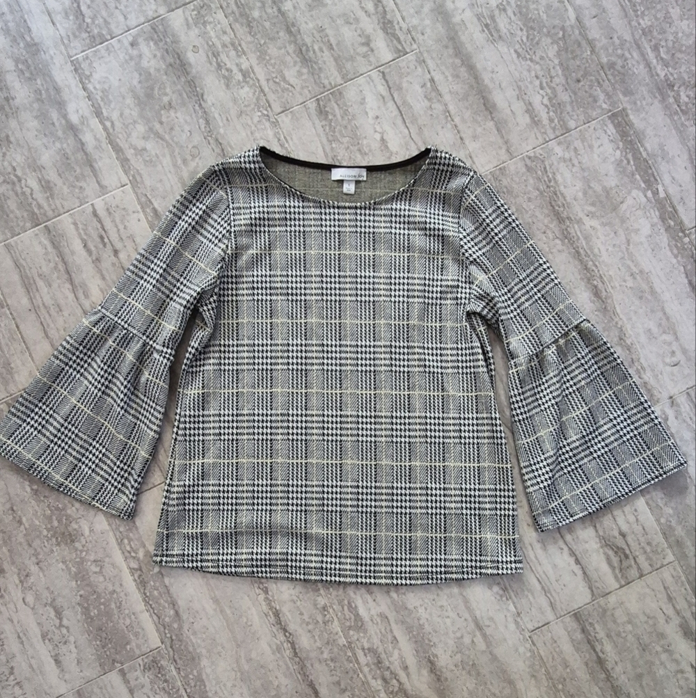 Allison Joy Monochrome Checkered Bell Sleeve Blouse